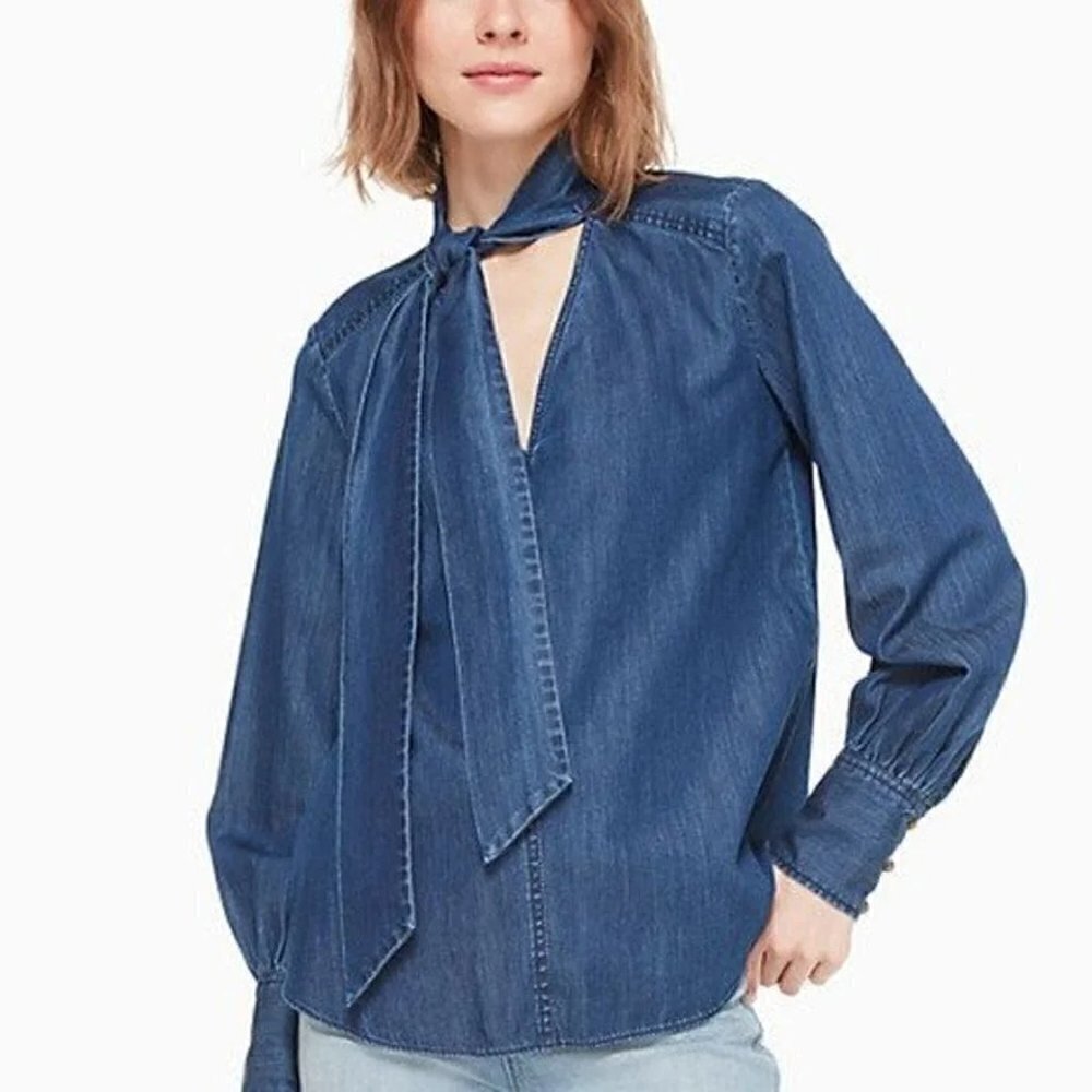 NWT Kate Spade Tie-Neck Denim Chambray Blouse